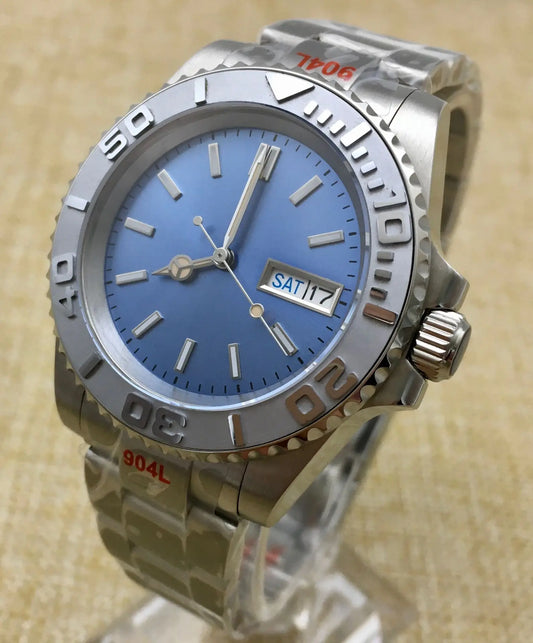 Reloj Automático 41mm – Movimiento NH36, Esfera Azul, Cristal de Zafiro, Bisel Cerámico, Fondo Transparente
