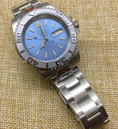 Reloj Automático 41mm – Movimiento NH36, Esfera Azul, Cristal de Zafiro, Bisel Cerámico, Fondo Transparente