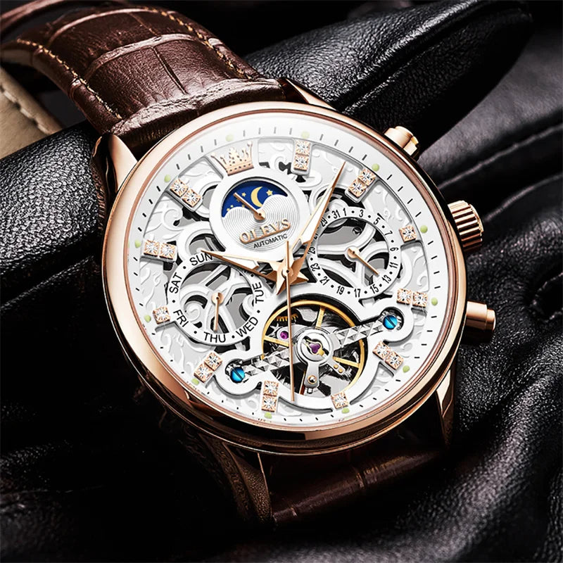 Reloj Automático Hombre  40mm – Tourbillon, Calendario Completo, Fase Lunar, Correa de Cuero, 40-44mm, 3ATM