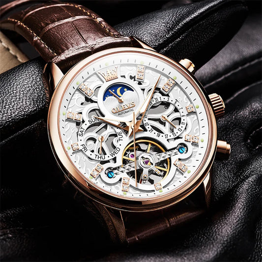 Reloj Automático Hombre  40mm – Tourbillon, Calendario Completo, Fase Lunar, Correa de Cuero, 40-44mm, 3ATM
