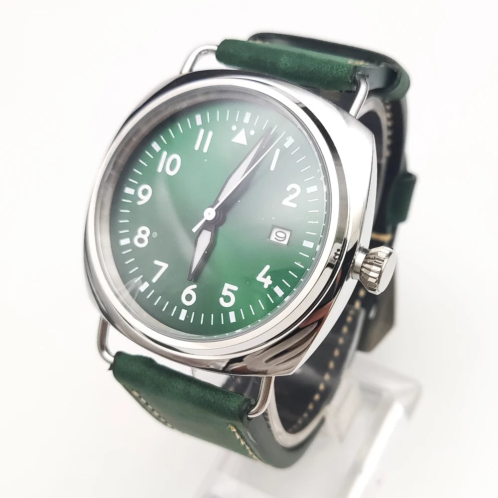 Reloj Automático Retro 45mm NH35 – Correa de Cuero, Esfera Verde Luminosa