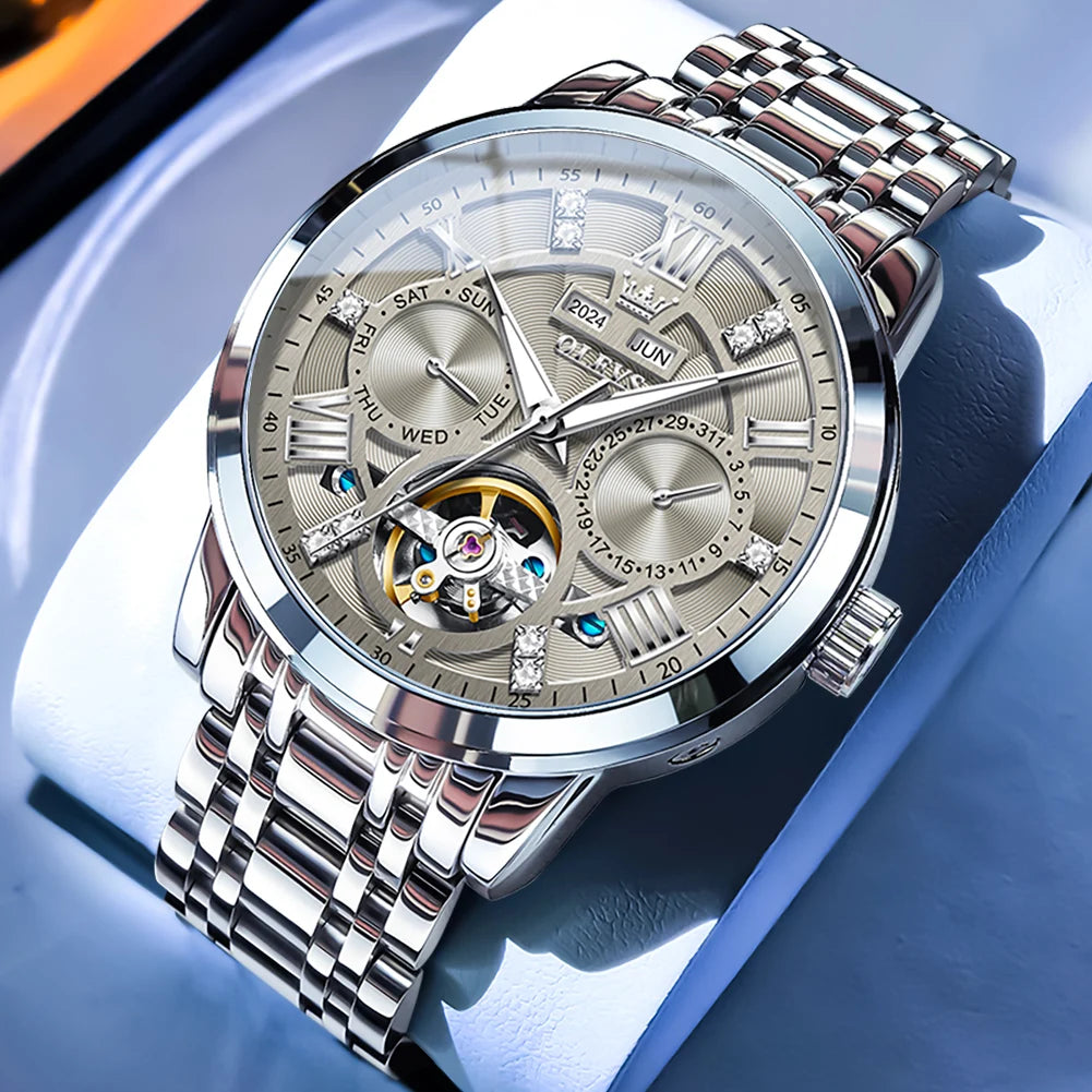 Reloj Automático Hombre 42mm– Mecánico de Lujo, Tourbillon Decorativo, Acero Inoxidable, Calendario Completo, Impermeable 3ATM ⭐4.6 (152 Opiniones)