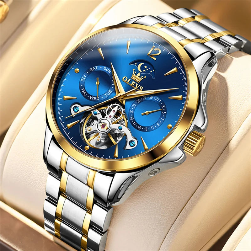 Reloj Automático Hombre 41mm – Mecánico Esqueleto, Tourbillon Decorativo, Correa de Cuero, Fase Lunar, Calendario Completo ⭐4.8 (159 Opiniones)