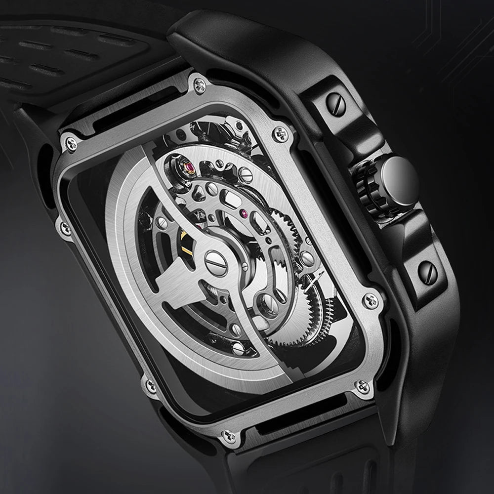 Reloj Automático Hombre 42mm – Esqueleto Mecánico, Tourbillon Decorativo, Caja Cuadrada, Correa de Silicona, Impermeable 3ATM ⭐4.8 (143 Opiniones)
