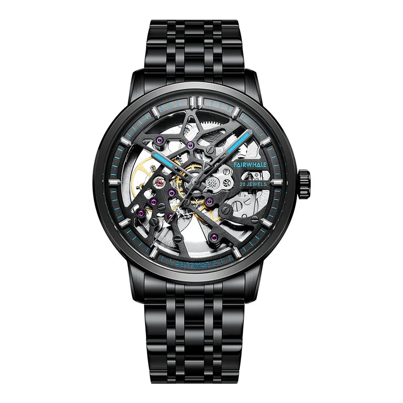Reloj Automático Hombre – Esqueleto con Tourbillon, Acero Negro, Manecillas Luminiscentes, 40-44mm, 3ATM