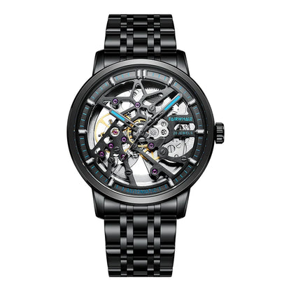 Reloj Automático Hombre – Esqueleto con Tourbillon, Acero Negro, Manecillas Luminiscentes, 40-44mm, 3ATM