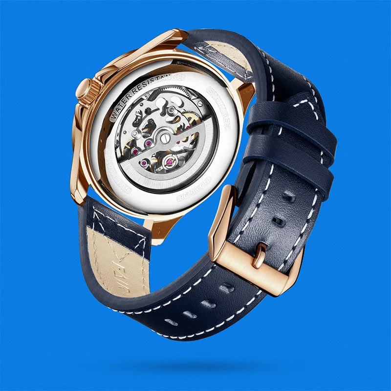 Reloj Automático para Hombre 42.5mm – Esqueleto Mecánico, Segundero Triangular, Correa de Cuero, 3ATM ⭐4.4 (167 Opiniones)