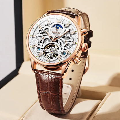 Reloj Automático Hombre  40mm – Tourbillon, Calendario Completo, Fase Lunar, Correa de Cuero, 40-44mm, 3ATM