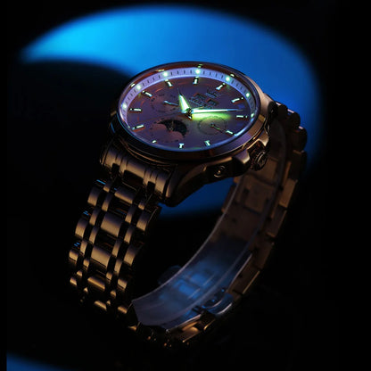 Reloj Automático Hombre 42.5mm – Mecánico de Lujo, Acero Inoxidable Dorado, Fase Lunar, Calendario Completo, Visualización de Semana, Impermeable 3ATM ⭐4.9 (176 Opiniones)