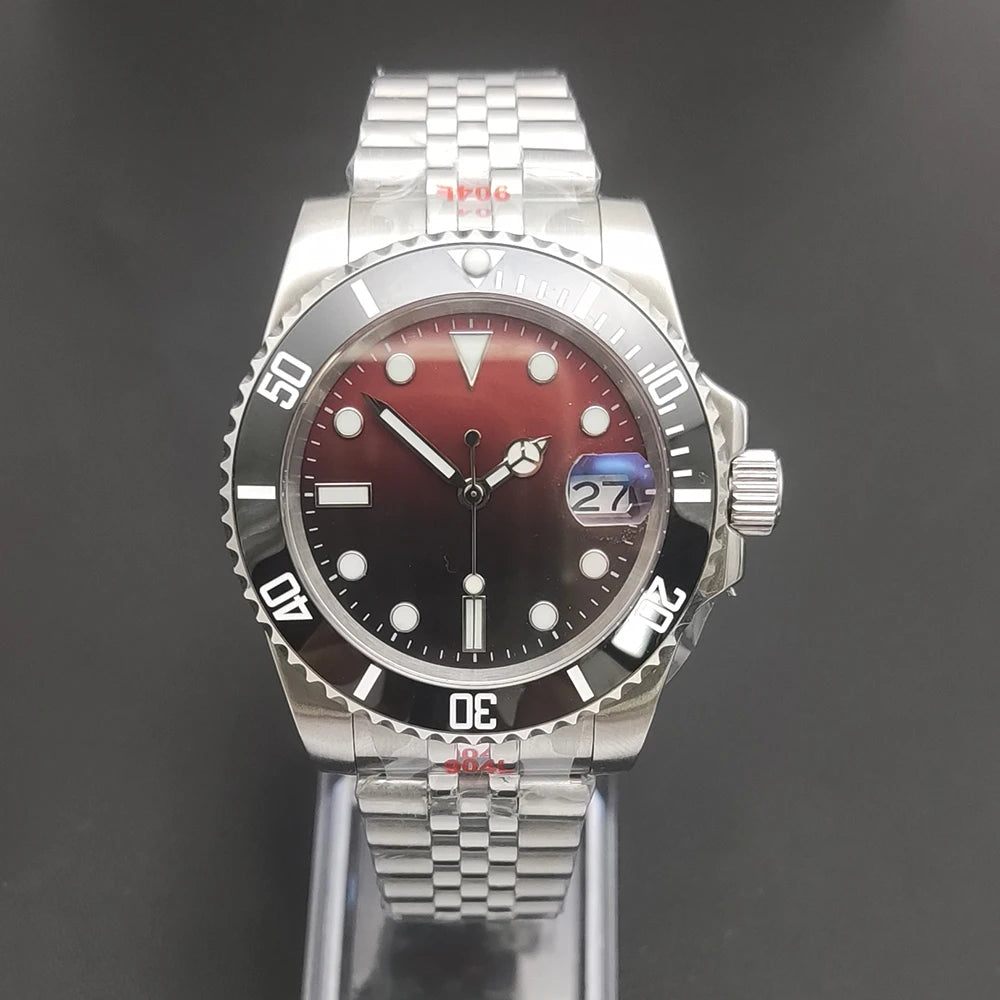 Reloj Automático 40mm NH35 – Esfera Degradada Negro-Rojo, Cristal de Zafiro, Acero Inoxidable