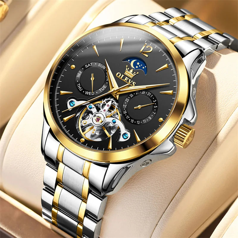 Reloj Automático Hombre 41mm – Mecánico Esqueleto, Tourbillon Decorativo, Correa de Cuero, Fase Lunar, Calendario Completo ⭐4.8 (159 Opiniones)