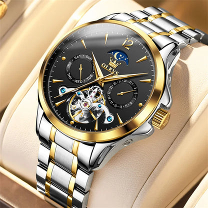 Reloj Automático Hombre 41mm – Mecánico Esqueleto, Tourbillon Decorativo, Correa de Cuero, Fase Lunar, Calendario Completo ⭐4.8 (159 Opiniones)