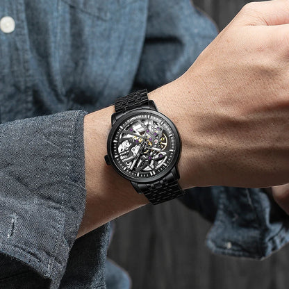 Reloj Automático Hombre – Esqueleto con Tourbillon, Acero Negro, Manecillas Luminiscentes, 40-44mm, 3ATM