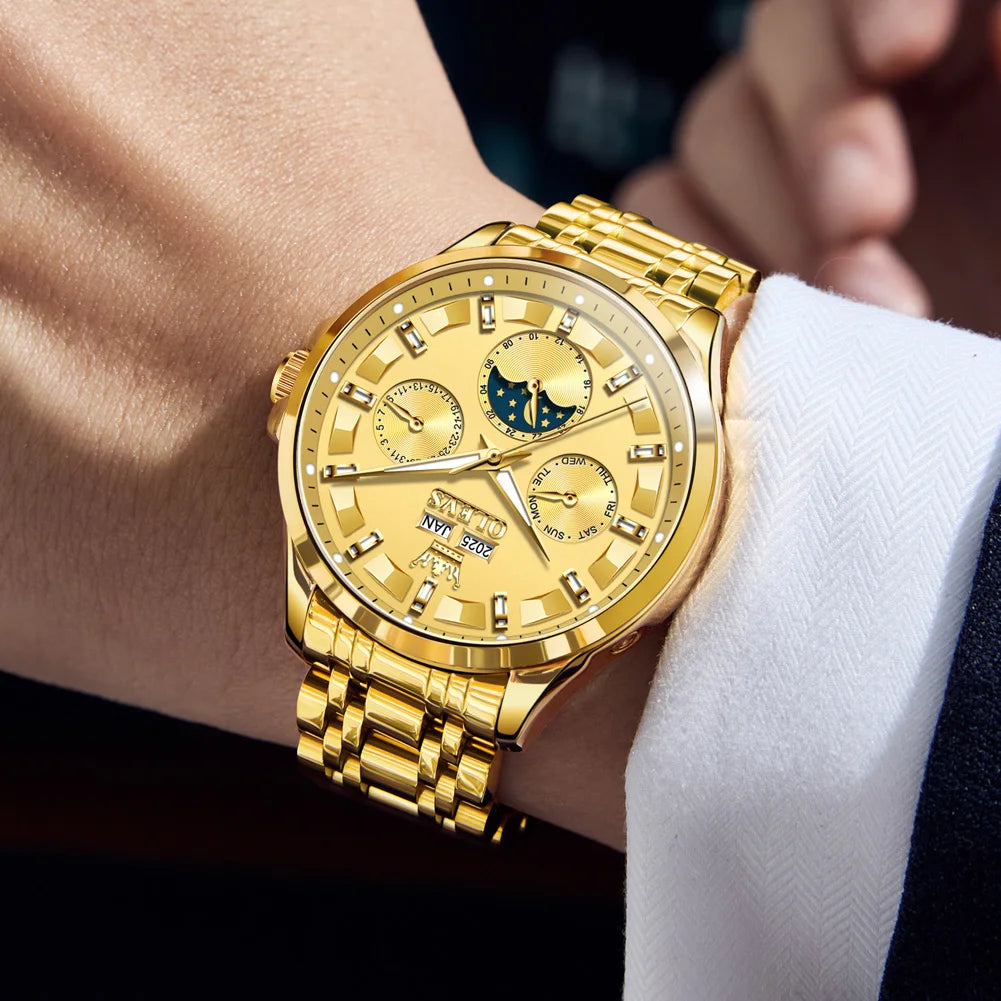 Reloj Automático Hombre 42.5mm – Mecánico de Lujo, Acero Inoxidable Dorado, Fase Lunar, Calendario Completo, Visualización de Semana, Impermeable 3ATM ⭐4.9 (176 Opiniones)