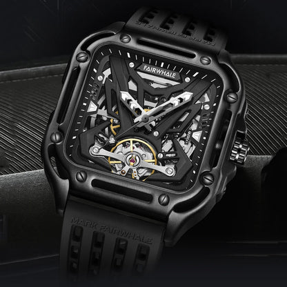Reloj Automático Hombre 42mm – Esqueleto Mecánico, Tourbillon Decorativo, Caja Cuadrada, Correa de Silicona, Impermeable 3ATM ⭐4.8 (143 Opiniones)