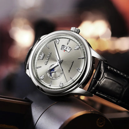 Reloj Automático Hombre 43mm– Mecánico con Correa de Cuero, Calendario Completo, Fases Lunares y Resistente al Agua