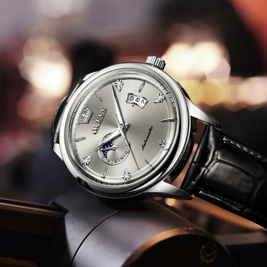 Reloj Automático Hombre 43mm– Mecánico con Correa de Cuero, Calendario Completo, Fases Lunares y Resistente al Agua