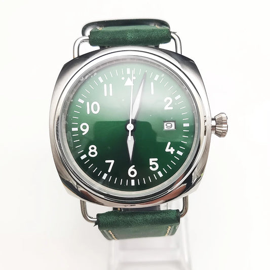 Reloj Automático Retro 45mm NH35 – Correa de Cuero, Esfera Verde Luminosa