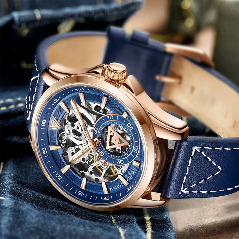 Reloj Automático para Hombre 42.5mm – Esqueleto Mecánico, Segundero Triangular, Correa de Cuero, 3ATM ⭐4.4 (167 Opiniones)