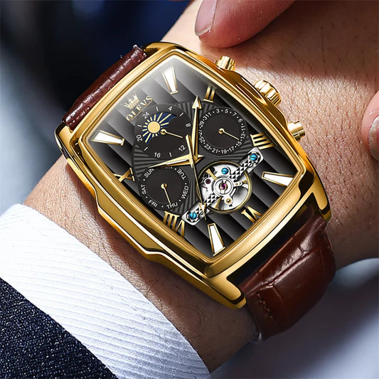 Reloj Automático Hombre – Caja Rectangular 45×40mm Tonneau Vintage, Tourbillon, Fase Lunar, Esqueleto, Correa de Cuero, 40-44mm, 3ATM