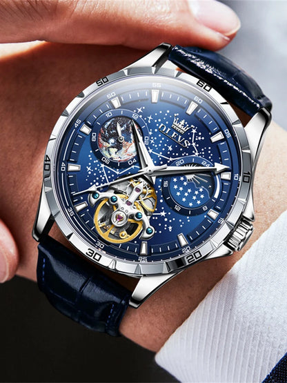 Reloj Automático Hombre 42mm – Esqueleto con Tourbillon, Fase Lunar, Cielo Estrellado, Manecillas Luminiscentes, 40-44mm, Correa de Cuero, 3ATM
