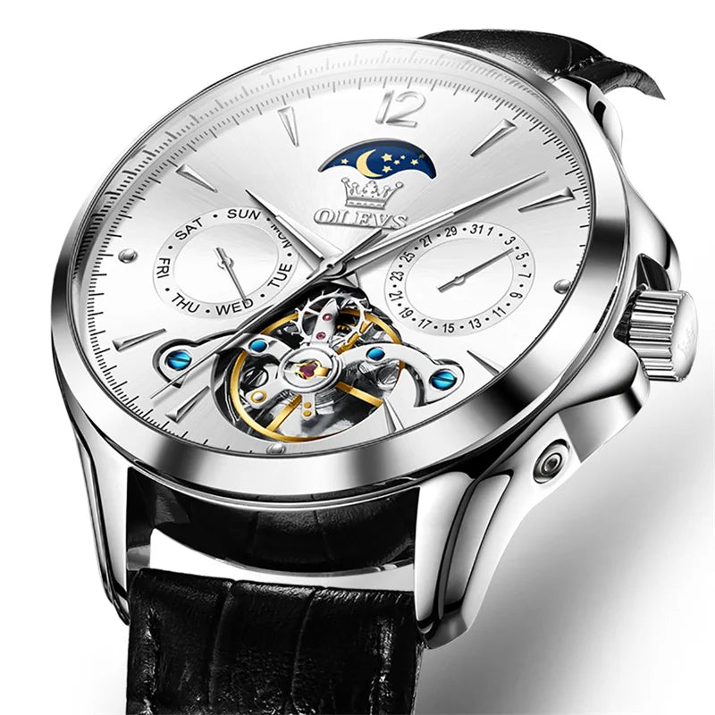 Reloj Automático Hombre 41mm – Mecánico Esqueleto, Tourbillon Decorativo, Correa de Cuero, Fase Lunar, Calendario Completo ⭐4.8 (159 Opiniones)