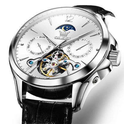 Reloj Automático Hombre 41mm – Mecánico Esqueleto, Tourbillon Decorativo, Correa de Cuero, Fase Lunar, Calendario Completo ⭐4.8 (159 Opiniones)