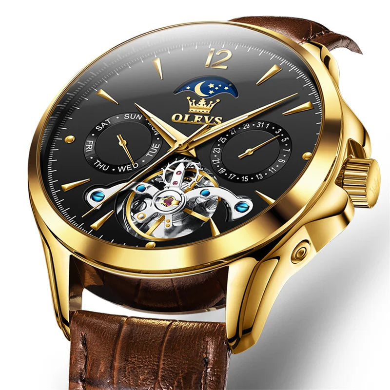 Reloj Automático Hombre 41mm – Mecánico Esqueleto, Tourbillon Decorativo, Correa de Cuero, Fase Lunar, Calendario Completo ⭐4.8 (159 Opiniones)