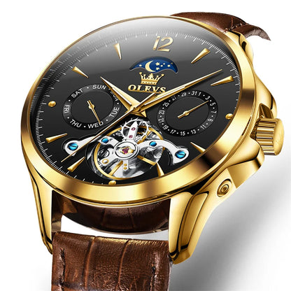 Reloj Automático Hombre 41mm – Mecánico Esqueleto, Tourbillon Decorativo, Correa de Cuero, Fase Lunar, Calendario Completo ⭐4.8 (159 Opiniones)