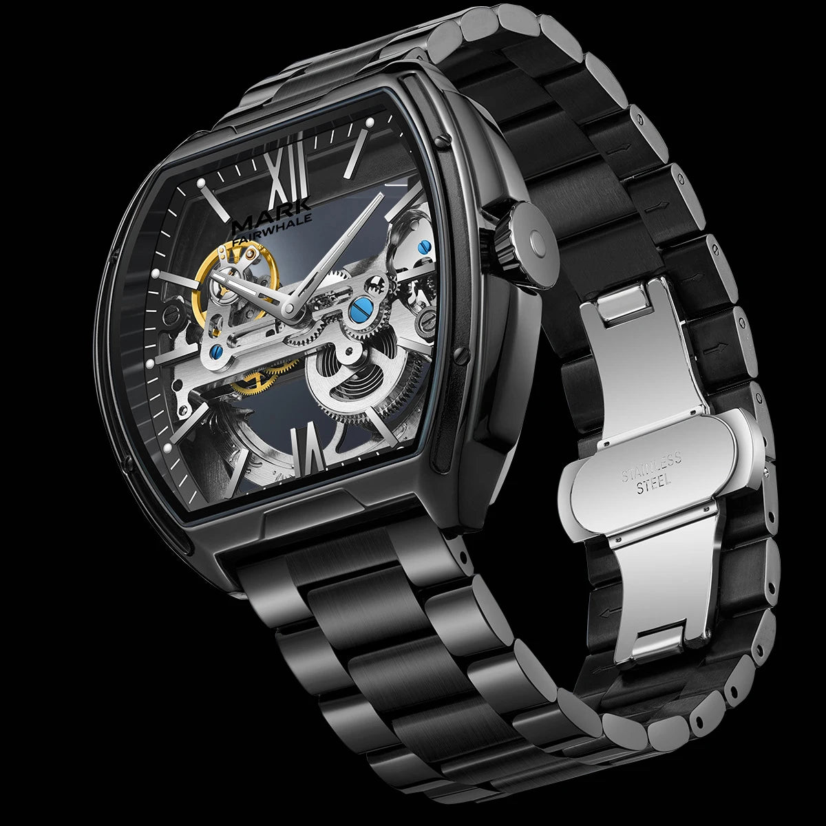 Reloj Automático Hombre 44x43 mm – Mecánico Esqueleto de Acero Inoxidable, Resistente al Agua, Caja Tonneau
