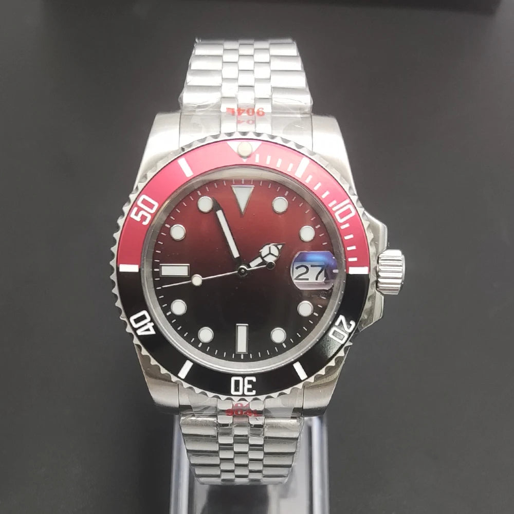 Reloj Automático 40mm NH35 – Esfera Degradada Negro-Rojo, Cristal de Zafiro, Acero Inoxidable