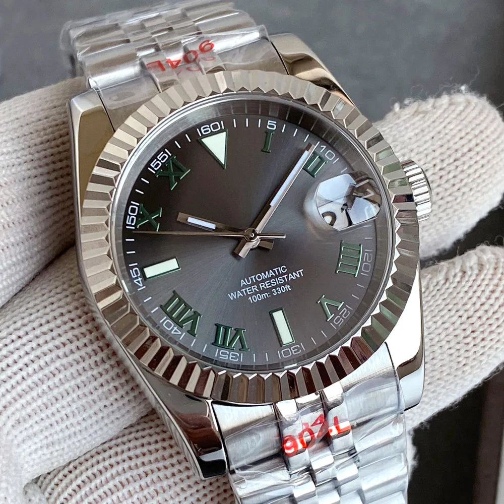 Reloj Automático de Buceo NH35A – 200M, Esfera Gris Rayos de Sol, Números Romanos Verdes, Cristal de Zafiro, 36/39mm, Brazalete de Acero