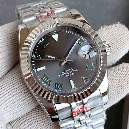 Reloj Automático de Buceo NH35A – 200M, Esfera Gris Rayos de Sol, Números Romanos Verdes, Cristal de Zafiro, 36/39mm, Brazalete de Acero