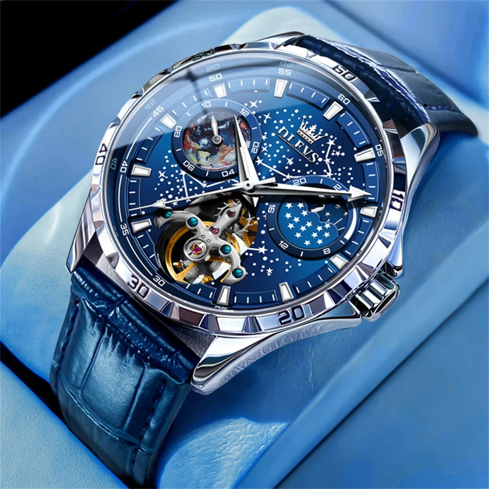 Reloj Automático Hombre 42mm – Esqueleto con Tourbillon, Fase Lunar, Cielo Estrellado, Manecillas Luminiscentes, 40-44mm, Correa de Cuero, 3ATM