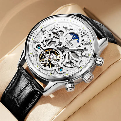 Reloj Automático Hombre  40mm – Tourbillon, Calendario Completo, Fase Lunar, Correa de Cuero, 40-44mm, 3ATM