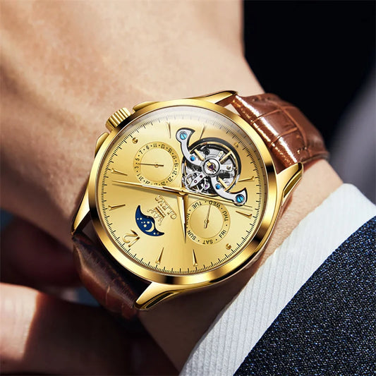 Reloj Automático Hombre 41mm – Mecánico Esqueleto, Tourbillon Decorativo, Correa de Cuero, Fase Lunar, Calendario Completo ⭐4.8 (159 Opiniones)