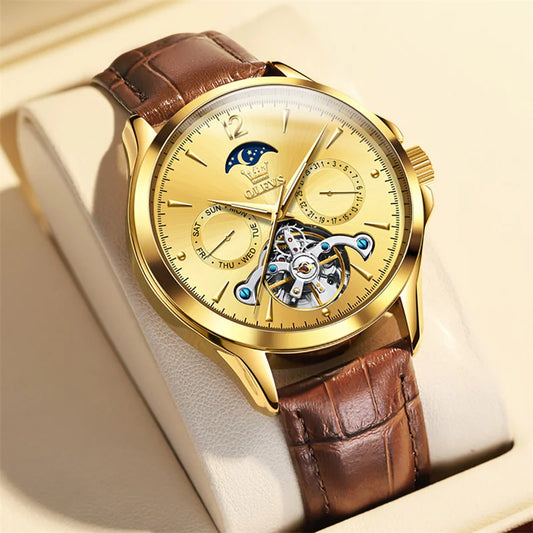 Reloj Automático Hombre 41mm – Mecánico Esqueleto, Tourbillon Decorativo, Correa de Cuero, Fase Lunar, Calendario Completo ⭐4.8 (159 Opiniones)