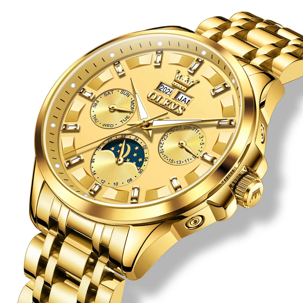 Reloj Automático Hombre 42.5mm – Mecánico de Lujo, Acero Inoxidable Dorado, Fase Lunar, Calendario Completo, Visualización de Semana, Impermeable 3ATM ⭐4.9 (176 Opiniones)