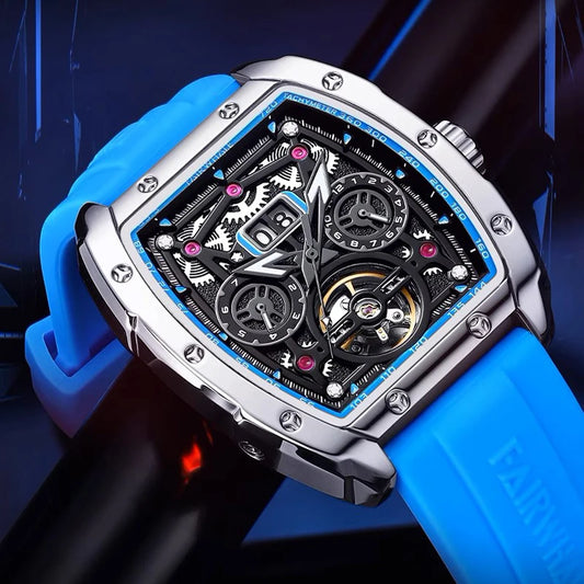 Reloj Automático Hombre 41mm – Tourbillon Mecánico, Esqueleto, Caja Tonneau, Correa de Silicona, Impermeable 3ATM ⭐4.7 (162 Opiniones)