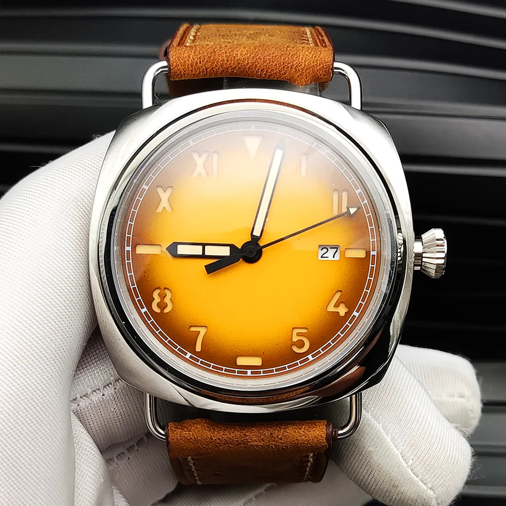 Reloj Automático Retro 45mm NH35 – Correa de Cuero, Esfera Verde Luminosa