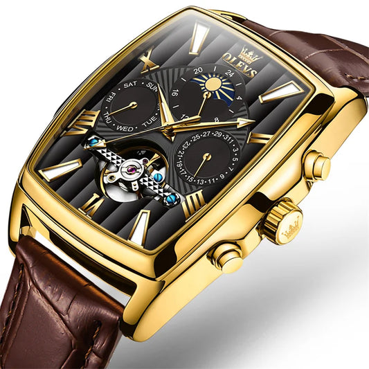 Reloj Automático Hombre – Caja Rectangular 45×40mm Tonneau Vintage, Tourbillon, Fase Lunar, Esqueleto, Correa de Cuero, 40-44mm, 3ATM