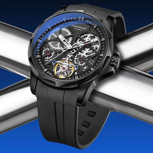 Reloj Automático Hombre 42mm – Mecánico Esqueleto, Tourbillon Decorativo, Caja Cuadrada, Correa de Silicona, Impermeable 3ATM ⭐4.7 (146 Opiniones)