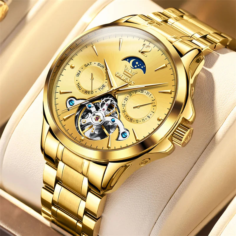 Reloj Automático Hombre 41mm – Mecánico Esqueleto, Tourbillon Decorativo, Correa de Cuero, Fase Lunar, Calendario Completo ⭐4.8 (159 Opiniones)