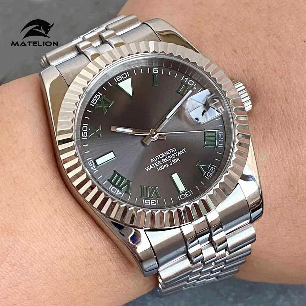Reloj Automático de Buceo, 36mm/39mm, Esfera Gris Sunburst, Números Romanos Verdes, Cristal Zafiro, NH35A, 200M ⭐4.8 (196 Opiniones)