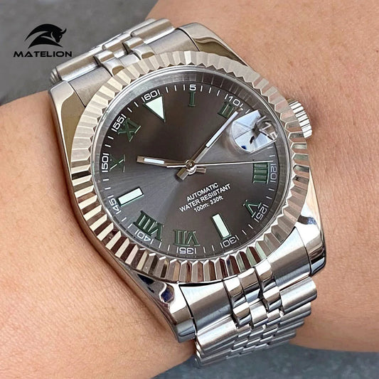 Reloj Automático de Buceo, 36mm/39mm, Esfera Gris Sunburst, Números Romanos Verdes, Cristal Zafiro, NH35A, 200M ⭐4.8 (196 Opiniones)
