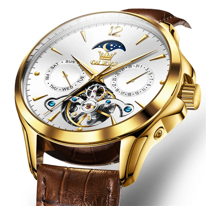 Reloj Automático Hombre 41mm – Mecánico Esqueleto, Tourbillon Decorativo, Correa de Cuero, Fase Lunar, Calendario Completo ⭐4.8 (159 Opiniones)