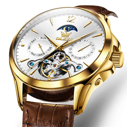 Reloj Automático Hombre 41mm – Mecánico Esqueleto, Tourbillon Decorativo, Correa de Cuero, Fase Lunar, Calendario Completo ⭐4.8 (159 Opiniones)