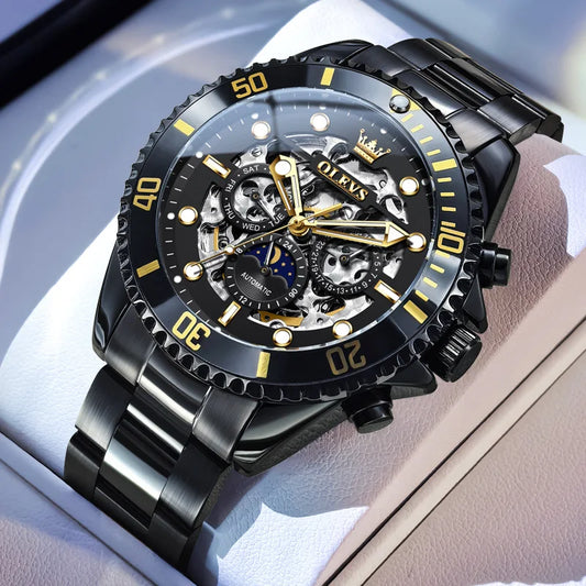Reloj Automático Hombre 43mm– Esqueleto, Acero Negro, Fase Lunar, Calendario Completo, 40-44mm, 3ATM