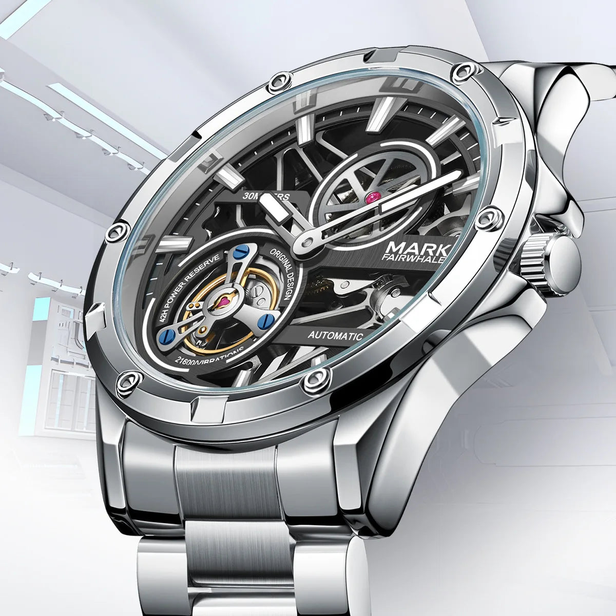 Reloj Automático Hombre 44mm – Esqueleto Mecánico, Tourbillon Decorativo, Acero Inoxidable, Impermeable 3ATM ⭐4.7 (138 Opiniones)
