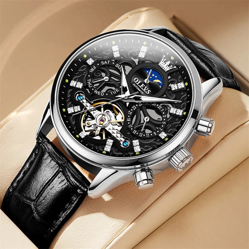 Reloj Automático Hombre  40mm – Tourbillon, Calendario Completo, Fase Lunar, Correa de Cuero, 40-44mm, 3ATM